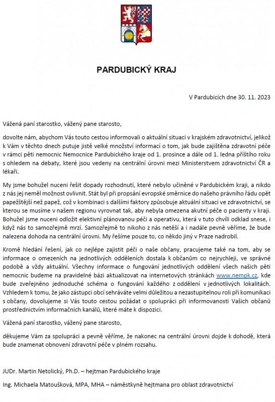Informace hejtmana PK