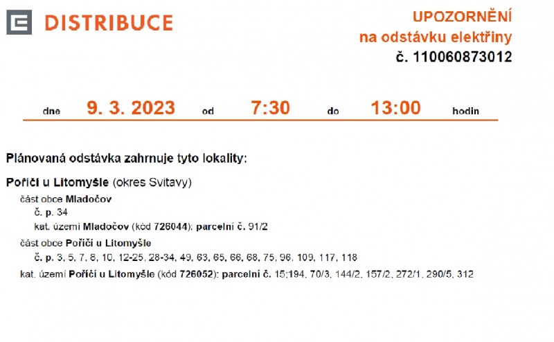 odstávka el. energie Poříčí