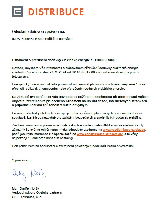 ozn. o přerušení elektr.